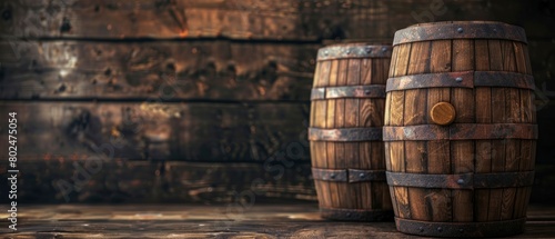 Dark brown background with two oak barrels on the right side