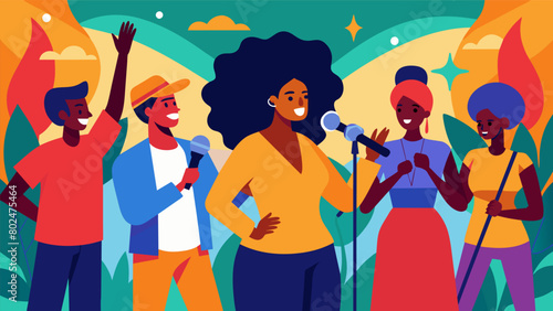 Vibrant colors and words fill the air as a diverse group of spoken word artists take turns sharing their reflections on the importance of Juneteenth.. Vector illustration