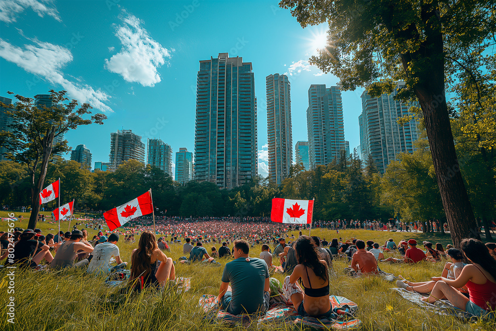 Naklejka premium People gathering in parks adorned with Canadian flags, celebrating Canada Day