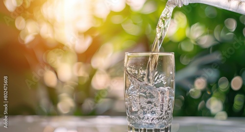 Water being poured into a glass on a white table on sunny day with blurred background