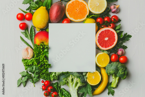 blank square paper layout with various fruits and vegetables
