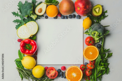 blank square paper layout with various fruits and vegetables