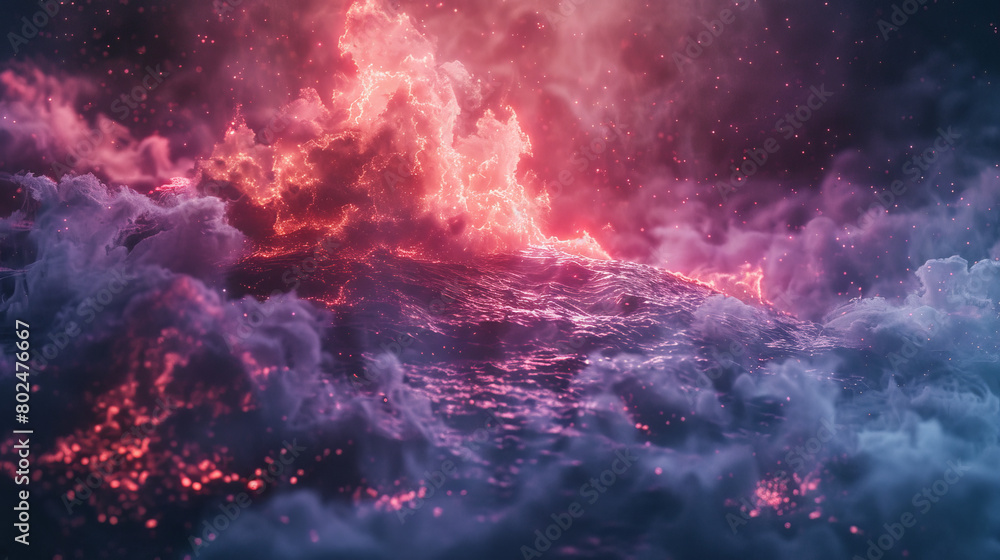 A colorful, swirling cloud of fire and smoke with a blue ocean in the background