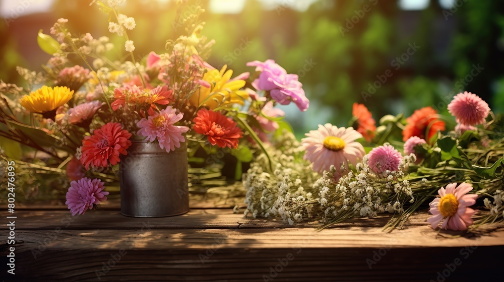 Garden flowers on wooden table background Generative AI