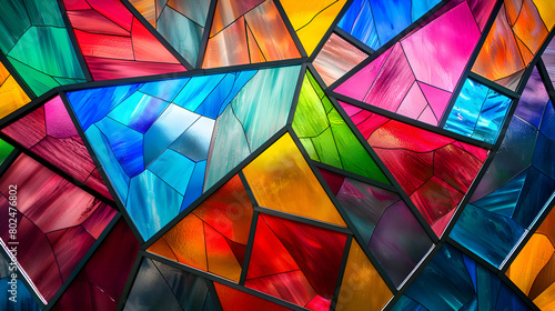A high-definition photograph of an abstract background with geometric shapes resembling stained glass in multiple vibrant colors