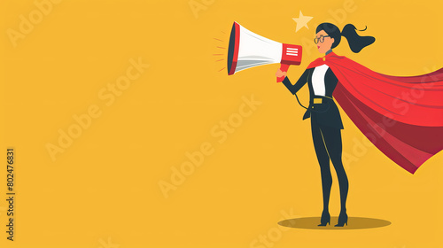 Vector of a businesswoman in red cape making an announcement standing near a big megaphone