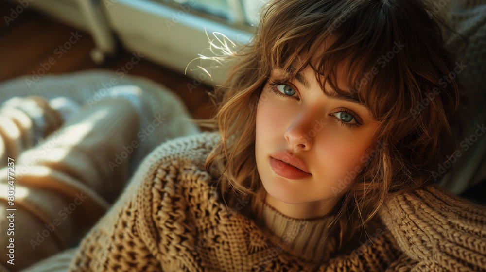 Portrait of a young woman in a cozy sweater near the window. Beautiful woman enjoying relaxation at home. Fashion, leisure concept. Portrait of a young woman in a cozy sweater near the window. Beautiful woman enjoying relaxation at home. Fashion, leisure concept.