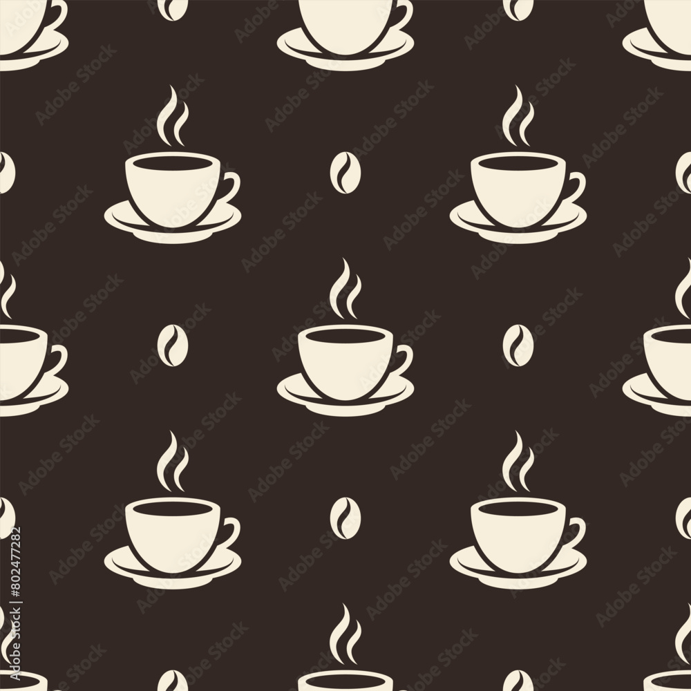 White coffee cups and beans on brown background. Vector seamless pattern. White coffee cups and beans on brown background. Vector seamless pattern.