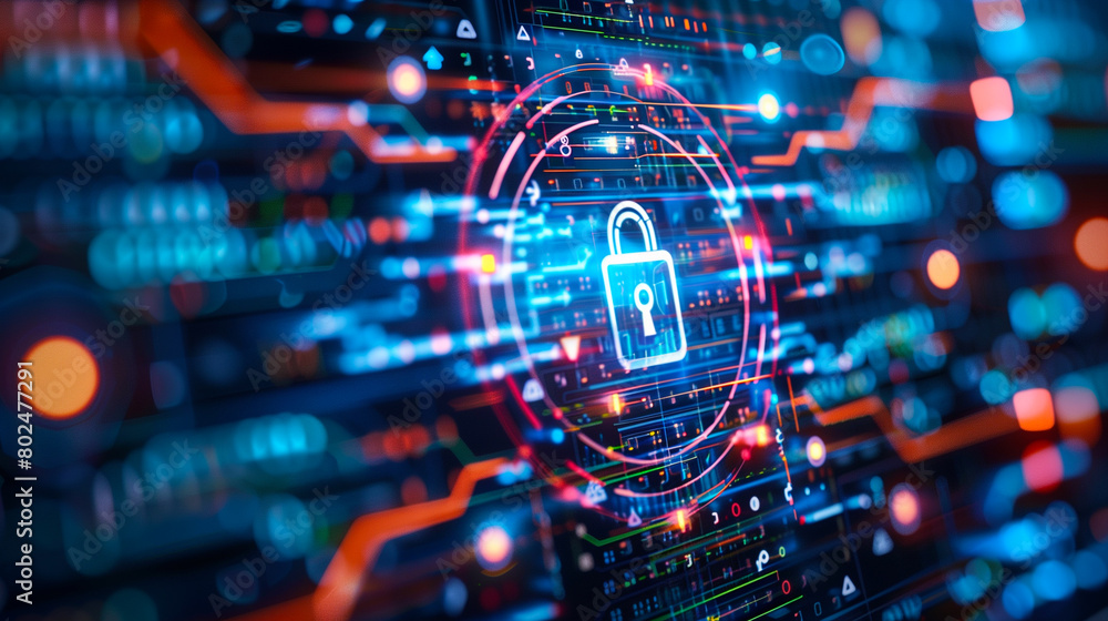 Fototapeta premium Advanced Cyber Security Network Protection Concept. Illustration of advanced cybersecurity on digital network with glowing lock symbol, emphasizing high-tech data protection.