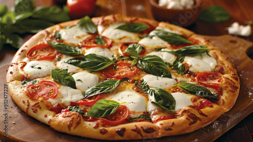 Indulge in the classic flavors of Italy with our homemade pizza! Featuring succulent buffalo mozzarella, aromatic basil, and a crispy crust, it's a culinary delight in every bite. photo