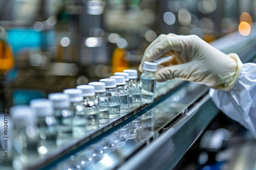Pharmaceutical Production Line at Facility. Gloved hands carefully handle vials on a high-tech pharmaceutical production line in a sterile manufacturing environment. Pharmaceutical Production Line at Facility. Gloved hands carefully handle vials on a high-tech pharmaceutical production line in a sterile manufacturing environment.