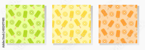 Fruit ice cream vector seamless patterns collection. Set of yellow, green and orange eskimo, slices of lemon, lime and tangerine on pastel background.