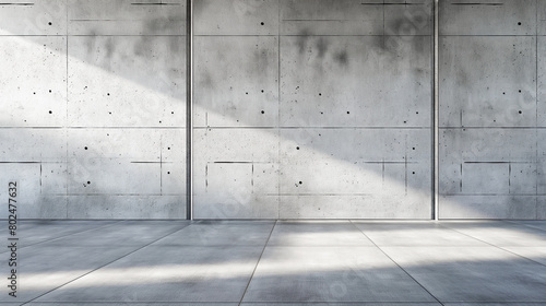 Large empty concrete wall and floor illuminate by natural light casting shadows. Setting reflects modern industrial design aesthetics with copy space for advertising