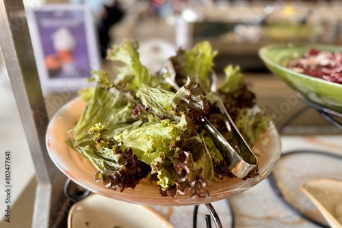 Lettuce salad mix in a beautiful bowl for buffet meals in a restaurant. Vegetables on a plate. Close-up