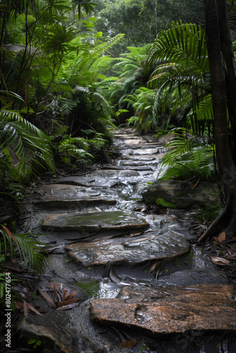 Serene Jungle Path with Wet Stones. A tranquil stone path meanders through a lush  verdant jungle  wet from recent rain  inviting exploration and adventure.