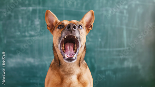 Dog with open mouth and bared teeth in front of chalkboard displaying vocal and expressive behavior. This image captures dynamic and humorous contrast between education and animal instinct photo