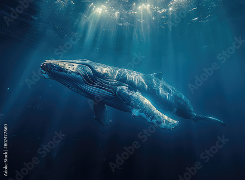 A majestic blue whale gracefully glides through the deep, crystalclear waters of an oceanic canyon, its powerful body illuminated by sunlight filtering down from above. Created with Ai © design