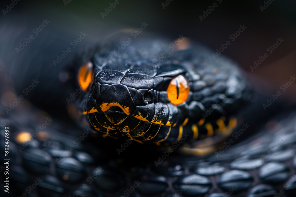 Fototapeta premium Close-up of Black Snake with Orange Eyes. Detailed close-up of a menacing black snake, showcasing its intense orange eyes and textured scales.