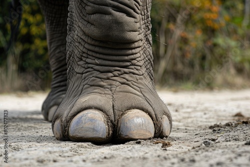 Up Close with Elephant's Leg: Strong and Textured Skin of an Elephant Foot on Cement Road, Nature's photo