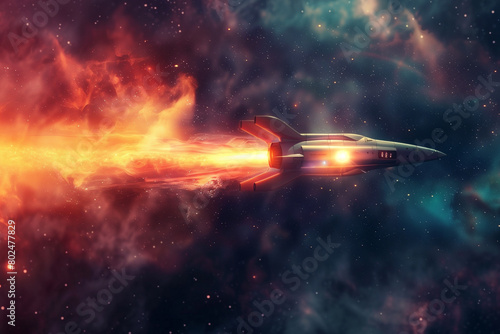 Rocket Launch, Spaceship Flying Through Cosmic Nebula. Futuristic spaceship navigating through a vibrant cosmic nebula under a star-filled galaxy.