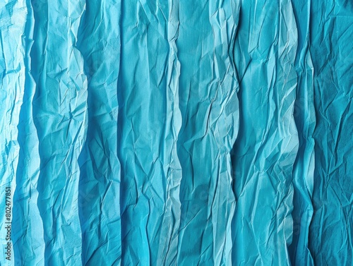 Turquoise Crepe Paper Texture. Bright Blue Vertical Lines Crumpled Abstract Background