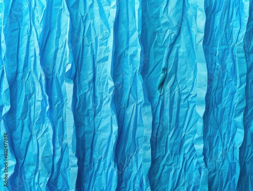 Turquoise Texture: Bright Blue Wrinkled Crepe Paper Vertical Lines Background for Abstract Blank