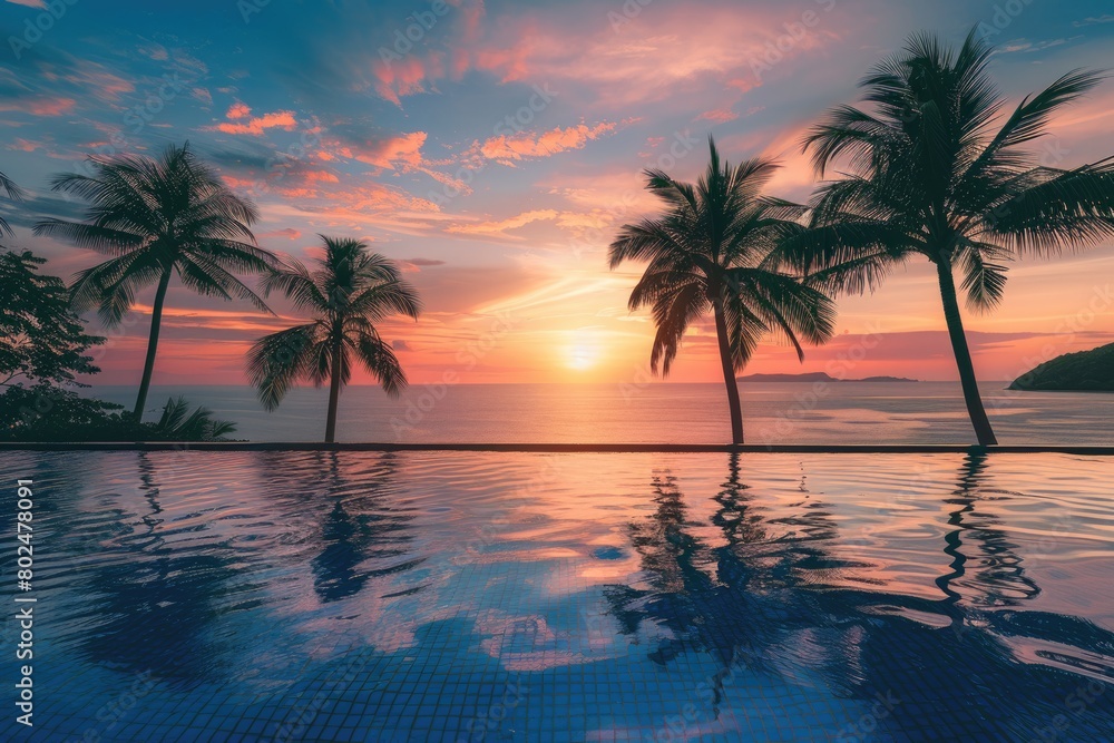 Beachfront Luxury: Sunset Over Infinity Pool at Tropical Hotel Resort with Exotic Island Beachfront Luxury: Sunset Over Infinity Pool at Tropical Hotel Resort with Exotic Island