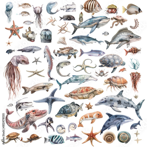 A colorful painting of various sea creatures including fish, dolphins © Tasif