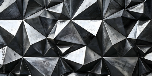 A photo capturing an orderly array of sharp metallic geometric shapes against a matte black background, creating stark contrast and a modern feel