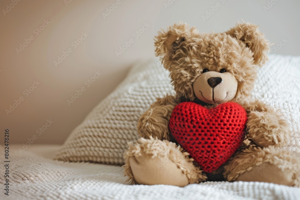 Vintage Brown Teddy Bear Holding Heart on February 14th. Fluffy Nubes and Sitting Bear Isolated