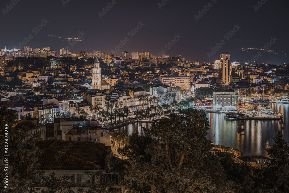 Vibrant Night Cityscape of Split seeing from Marjan hill viewpoint, Croatia.