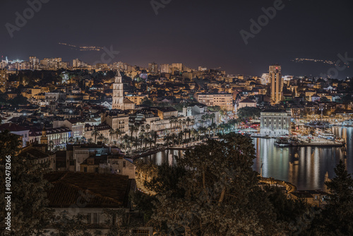 Vibrant Night Cityscape of Split seeing from Marjan hill viewpoint, Croatia.