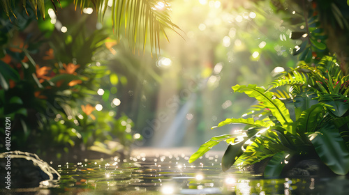 Magical jungle scene with sparkling water drops