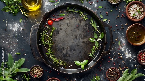 Food background with free space for text, Herbs, olive oil, spices around cast iron frying board, Top view