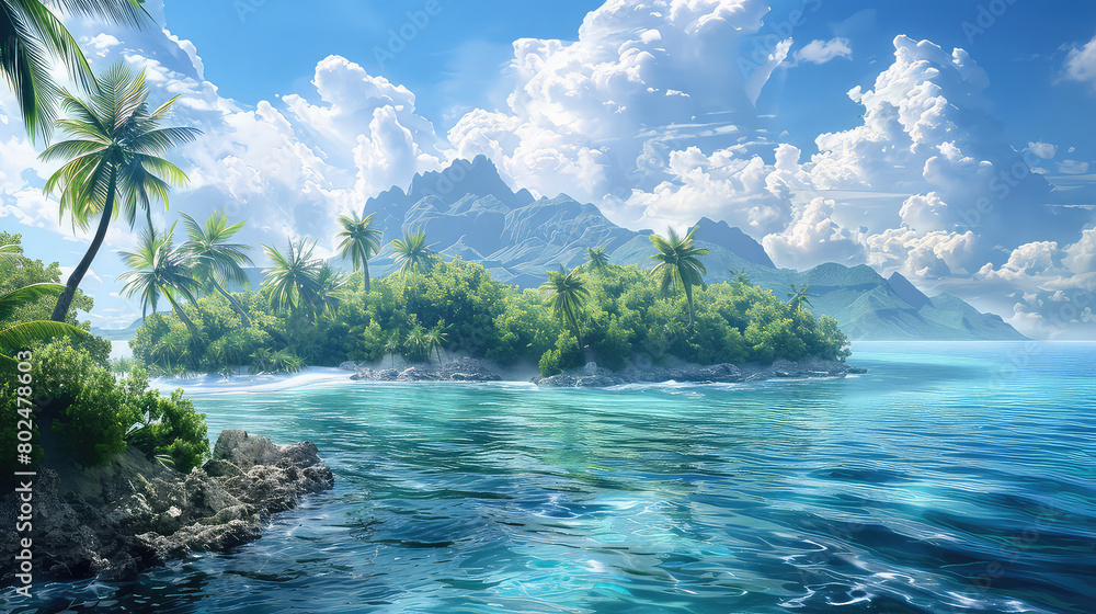 Sunlit Tropical Island with Azure Water and Palms