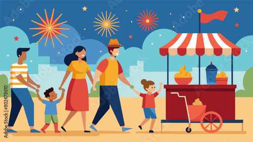 Excitement fills the air as families make their way to a firework stand eager to choose from the many sparkling options for their Fourth of July. Vector illustration