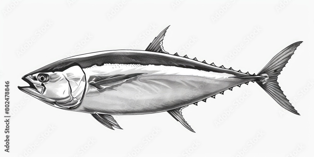 Realistic Albacore Tuna Fish Illustration in Black and White - Commercial and Recreational Fisheries Realistic Albacore Tuna Fish Illustration in Black and White - Commercial and Recreational Fisheries
