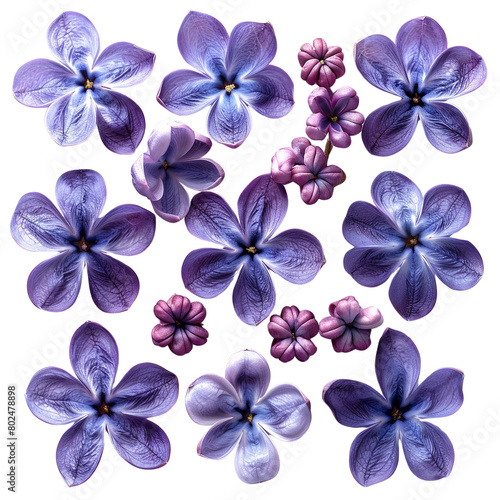 A close up of purple flowers with a white background