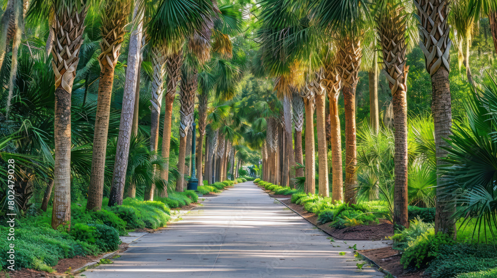Palm tree-lined path in Harry P. Leu Gardens.