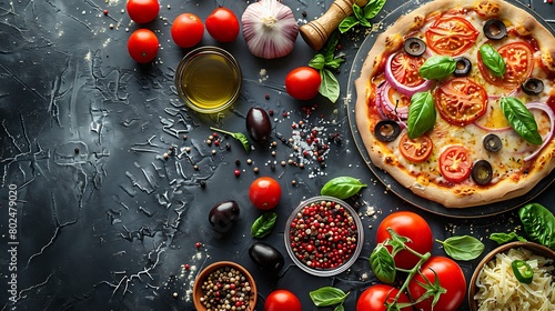 Food ingredients and spices for cooking mushrooms, tomatoes, cheese, onion, oil, pepper, salt, basil, olive and delicious italian pizza on black concrete background, Copyspace, Top view, Banner