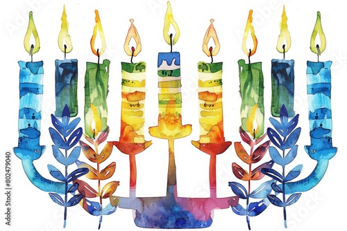 Shabbat Shalom and Candles painted with Watercolours. Traditional Jewish Greetings for Advent