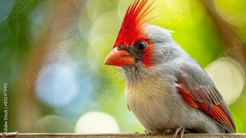 Closeup of a red-crested cardinal bird, sitting on a wooden balcony railing, blurred backdrop, Hawaiian bird photo