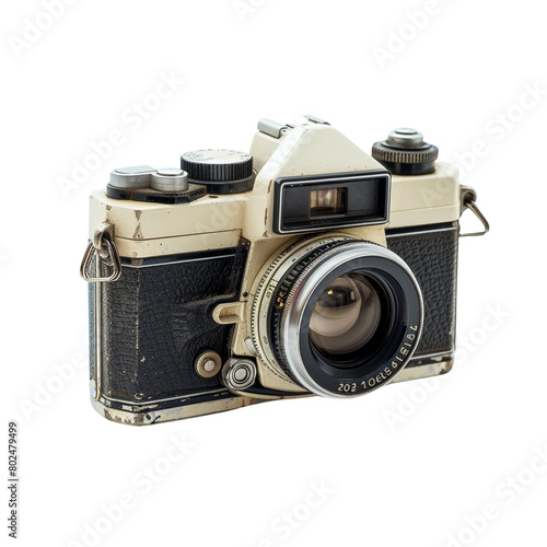 A vintage camera with a black strap and a white lens