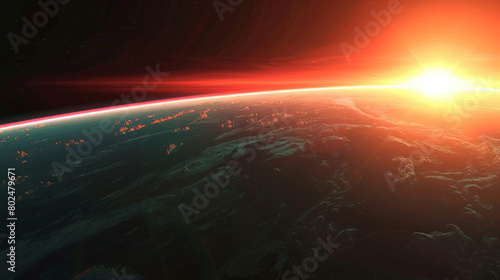 Rising sun paints the Earth s horizon with colors as it dips beneath the curve of the planet.