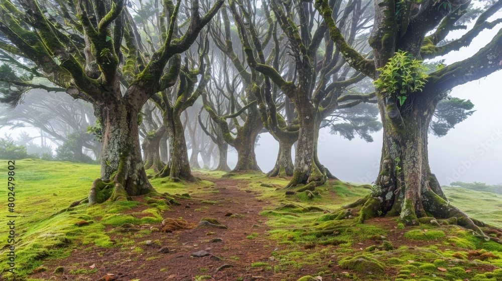 Old evergreen laurel trees (Ocotea foetens) surrounded by mystical fog in ancient subtropical Laurissilva forest of Fanal, Madeira island, Portugal, Europe. Mysterious magical fairytale atmosphere
