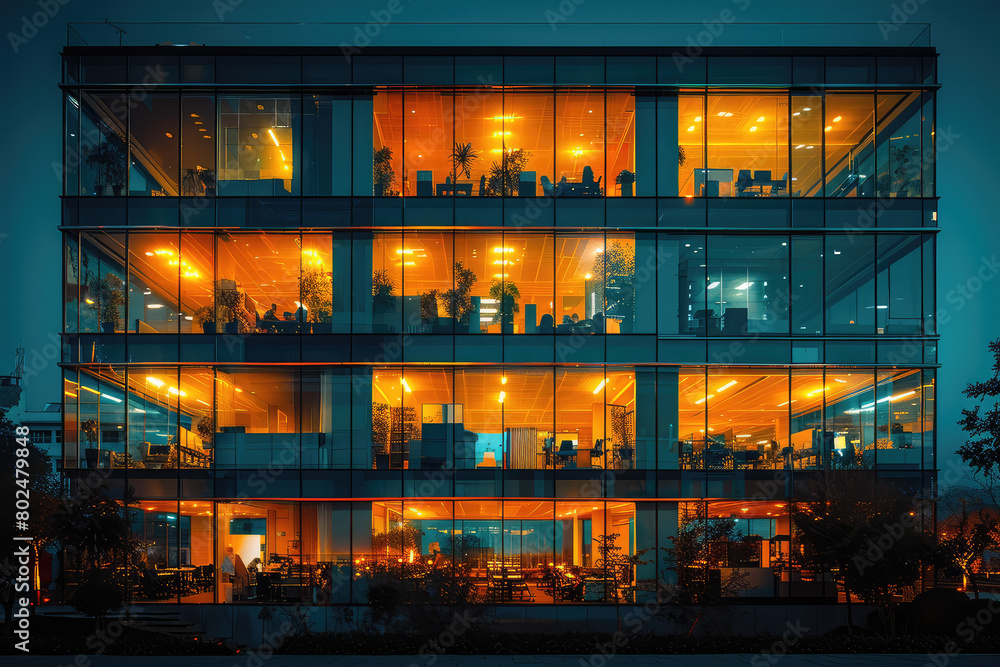 An office building at night, filled with many people working late into the evening. Created with Ai
