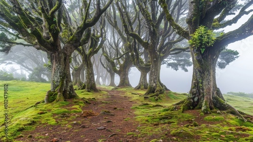 Old evergreen laurel trees  Ocotea foetens  surrounded by mystical fog in ancient subtropical Laurissilva forest of Fanal  Madeira island  Portugal  Europe. Mysterious magical fairytale atmosphere