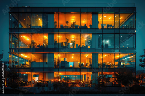 An office building at night, filled with many people working late into the evening. Created with Ai photo