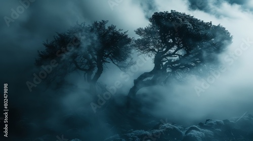 Old evergreen laurel trees (Ocotea foetens) surrounded by mystical fog in ancient subtropical Laurissilva forest of Fanal, Madeira island, Portugal, Europe. Mysterious magical fairytale atmosphere photo