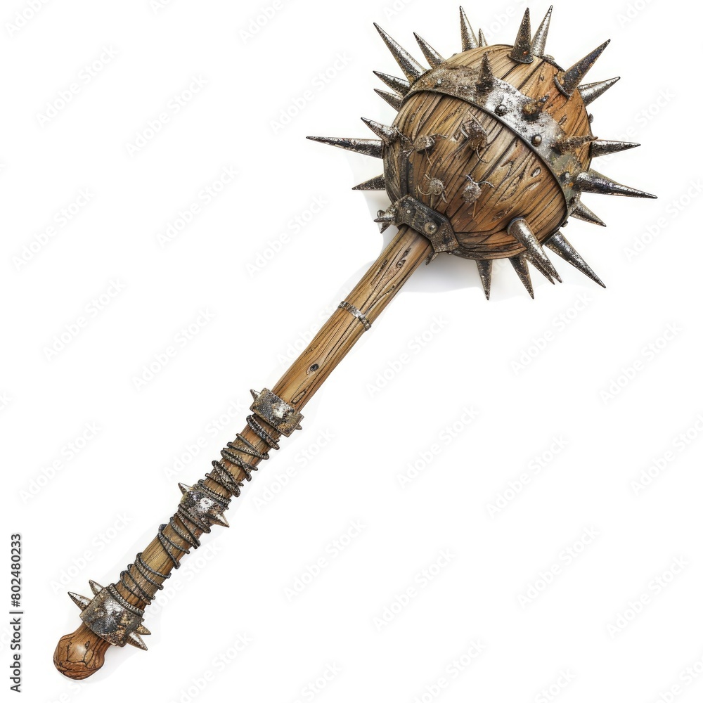 Obraz premium Mace Weapon on Isolated White Background. 3D Illustration of Retro Weapon with Metal Spikes